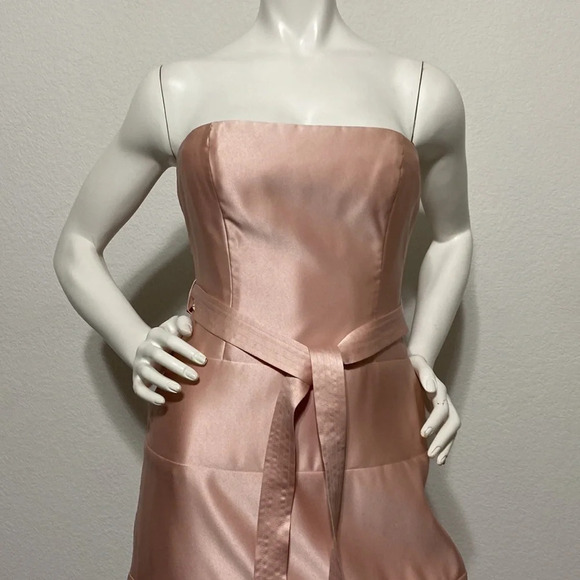 BCBGMaxAzria Pink Satin Strapless Belted Midi Dress Size 2 - Picture 2 of 4